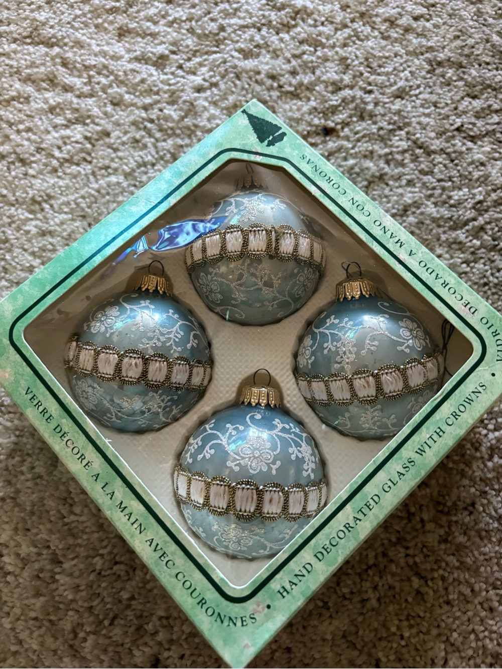 Hand-Decorated Light Blue Glass Holiday Ornaments with Gold Crowns - Set of 4